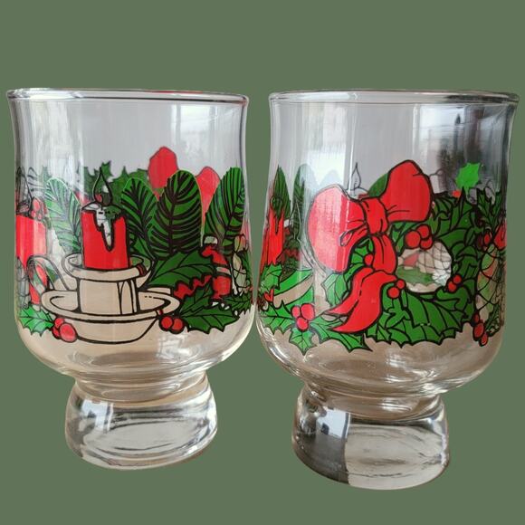 Vintage 1970s Christmas Footed Rocks Glasses from Libbey - Picture 1 of 4